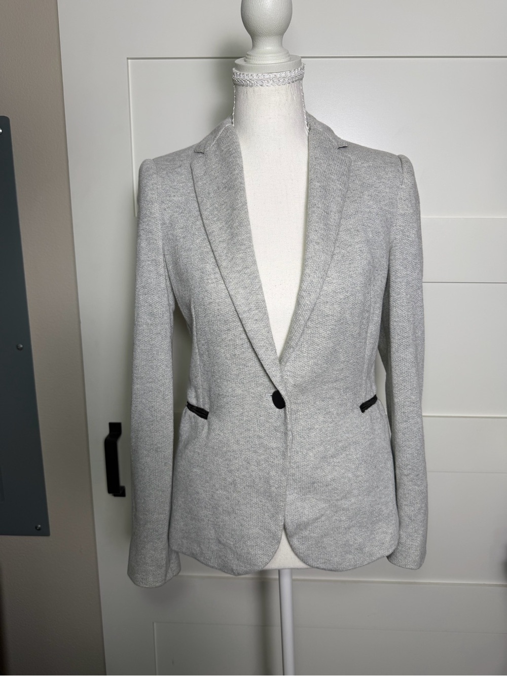 Zara Basic Gray Knit Blazer Black Trim Single Button Tailored Jacket